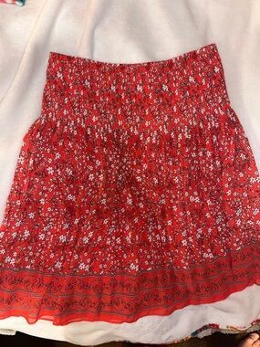 Max Studio Red Floral Smocked A-Line Skirt